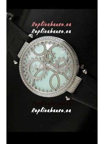 Cartier Replica Watch with Diamonds Embedded Dial Bezel in Steel Case/Black Strap