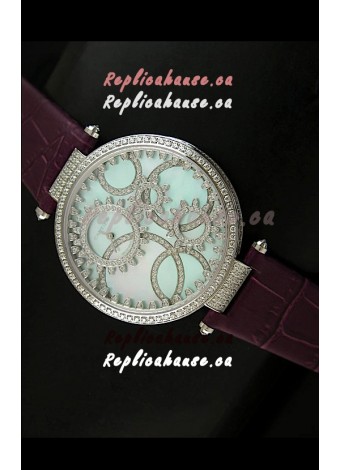 Cartier Replica Watch with Diamonds Embedded Dial Bezel in Steel Case/Maroon Strap