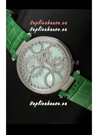 Cartier Replica Watch with Diamonds Embedded Dial Bezel in Steel Case/Green Strap