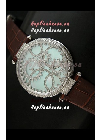 Cartier Replica Watch with Diamonds Embedded Dial Bezel in Steel Case/Brown Strap
