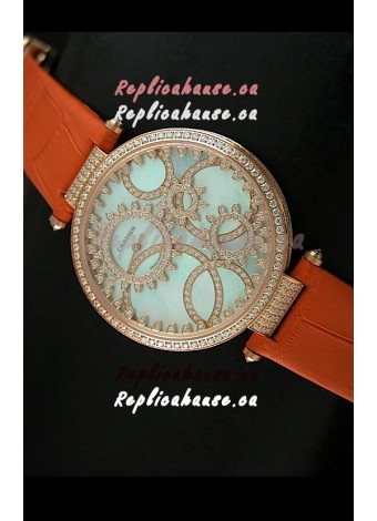 Cartier Replica Watch with Diamonds Embedded Dial Bezel in Gold Case/Orange Strap