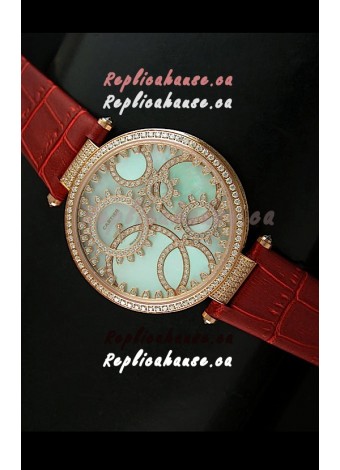 Cartier Replica Watch with Diamonds Embedded Dial Bezel in Gold Case/Brown Strap