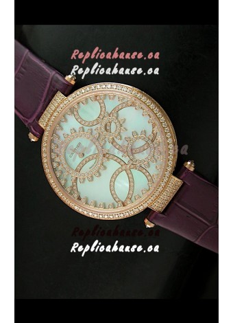 Cartier Replica Watch with Diamonds Embedded Dial Bezel in Gold Case/Maroon Strap