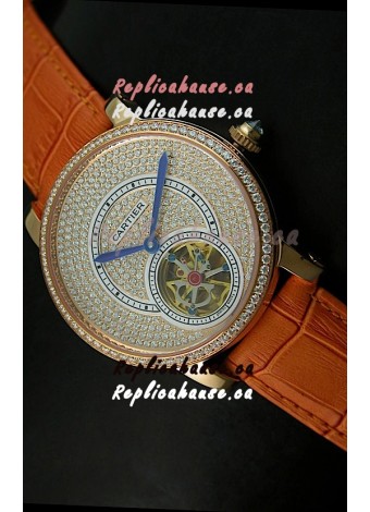 Ronde De Cartier Tourbillon Replica Watch Pink Gold Case - Brown Strap