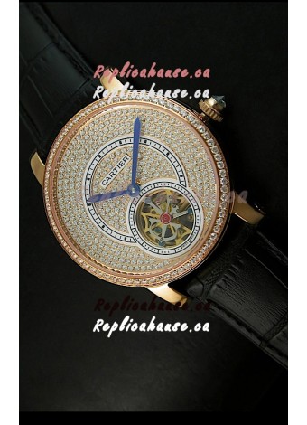 Ronde De Cartier Tourbillon Replica Watch Pink Gold Case - Black Strap
