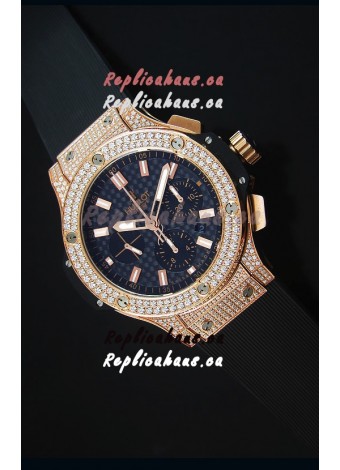 Hublot Big Bang Carbon Dial Diamonds Studded Rose Gold Swiss Watch 