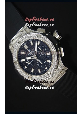Hublot Big Bang Carbon Dial Diamonds Studded Stainless Steel Swiss Watch 