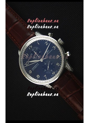 IWC Portuguese Chronograph Black Dial Brown Strap with Diamonds 1:1 Mirror Replica Watch