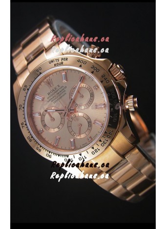 Rolex Daytona Rose Gold Casing with Baguette Diamonds Markers Swiss Replica Watch