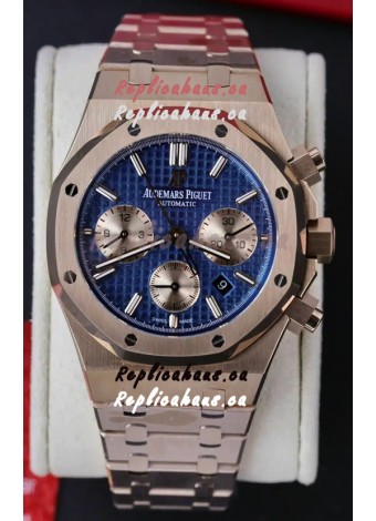 Audemars Piguet Royal Oak Chronograph Rose Gold Blue Dial Steel Strap Swiss Replica Watch