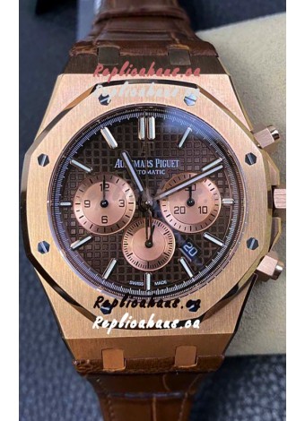 Audemars Piguet Royal Oak Chronograph Rose Gold Brown Dial Leather Strap Swiss Replica Watch