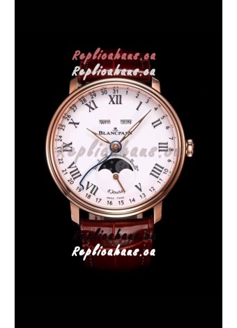 Blancpain "Villeret Quantième Complet" 904L Steel Rose Gold Watch in White Dial