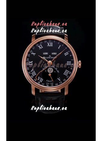 Blancpain "Villeret Quantième Complet" 904L Steel Rose Gold Watch in Black Dial