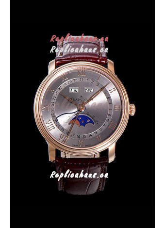 Blancpain "Villeret Quantième Complet" 904L Steel Rose Gold Watch in Grey Dial