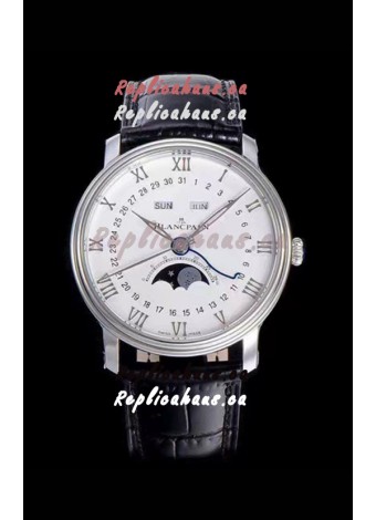 Blancpain "Villeret Quantième Complet" 904L Steel Swiss Watch in Off-White Dial