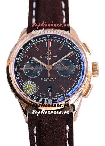 Breitling Premier B01 Chronograph 42 Edition Rose Gold Casing Centenary Brown Dial - 1:1 Mirror Replica Watch