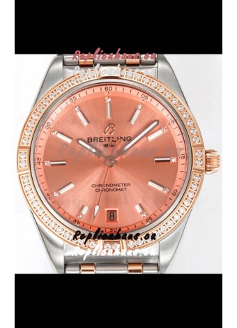 Breitling Chronomat 36MM 2 Tone Rose Gold Casing 1:1 Mirror Replica Watch Salmon Dial