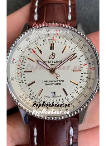 Breitling Navitimer 1 Automatic Swiss Replica Watch in White Dial - Brown Leather Strap