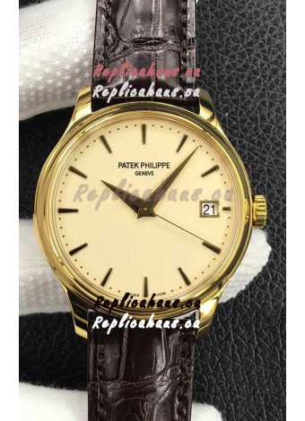 Patek Philippe Calatrava 5227J-001 Pale Yellow Dial 1:1 Mirror Swiss Replica Yellow Gold Casing