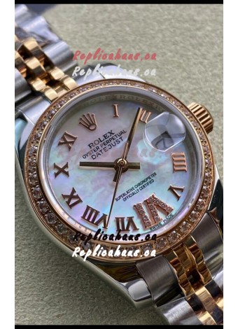 Rolex Datejust 28MM Swiss Replica in 904L Rose Gold Two Tone Case in Pearl Dial - 1:1 Mirror Replica