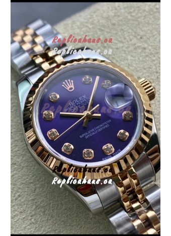 Rolex Datejust 28MM Swiss Replica in 904L Rose Gold Two Tone Case in Purple Dial - 1:1 Mirror Replica