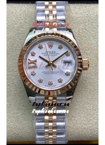 Rolex Datejust 28MM Swiss Replica in 904L Steel 2 Tone Rose Gold in White Dial - 1:1 Mirror Replica