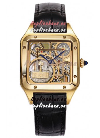 Cartier Santos Dumont Skeleton Yellow Gold Watch in Black Leather Strap 43.5MM