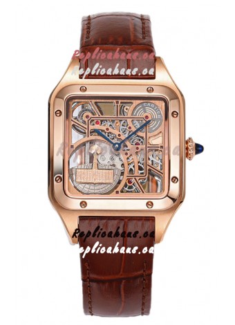 Cartier Santos Dumont Skeleton Rose Gold Watch in Brown Leather Strap 43.5MM