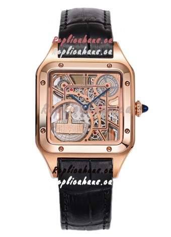 Cartier Santos Dumont Skeleton Rose Gold Watch in Black Leather Strap 43.5MM