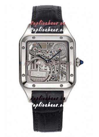 Cartier Santos Dumont Skeleton Stainless Steel Watch in Black Leather Strap 43.5MM
