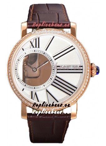 Rotonde De Cartier in Rose Gold Casing - Leather Strap Swiss Quartz Replica Watch 