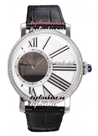 Rotonde De Cartier in Stainless Steel Casing - Leather Strap Swiss Quartz Replica Watch 