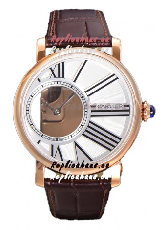 Rotonde De Cartier in Rose Gold Casing - Leather Strap Swiss Quartz Replica Watch 