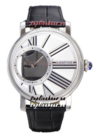 Rotonde De Cartier in Stainless Steel Casing - Leather Strap Swiss Quartz Replica Watch 
