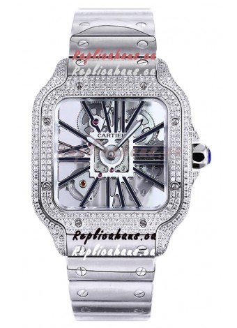 Santos De Cartier Watch in Skeleton Dial - Diamonds Bezel in Steel Casing Swiss Replica