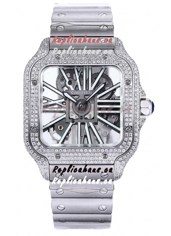 Santos De Cartier Watch in Skeleton Dial - Diamonds Bezel in Steel Casing Swiss Replica