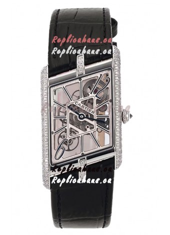 Cartier Tank Asymétrique Stainless Steel Casing Diamonds Bezel Watch in Leather Strap Swiss Replica