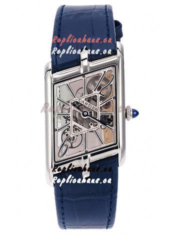 Cartier Tank Asymétrique Stainless Steel Casing Blue Strap Watch in Leather Strap Swiss Replica