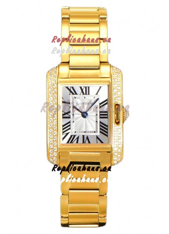 Cartier Tank Anglaise Yellow Gold Watch in Steel Strap Diamonds Bezel Swiss Quartz Watch 30MM