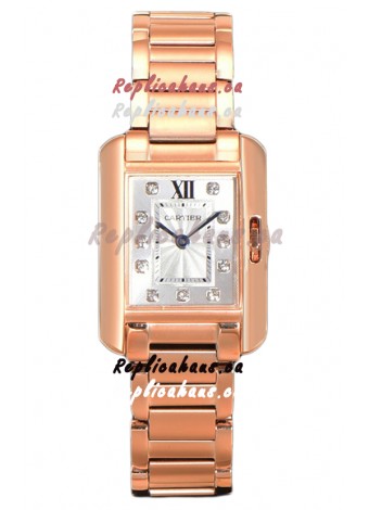 Cartier Tank Anglaise Rose Gold Watch in Steel Strap Diamonds Markers Swiss Quartz Watch 30MM