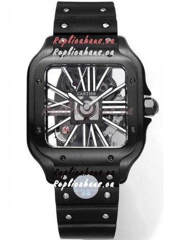 Santos De Cartier Watch in Skeleton Dial - DLC Coated Casing & Bezel in Rubber Strap