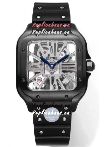 Santos De Cartier Watch in Skeleton Dial - DLC Coated Casing in Rubber Strap