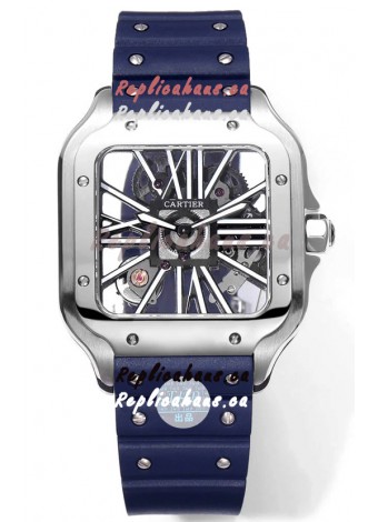 Santos De Cartier Watch in Skeleton Dial - Stainless Steel Casing Blue Rubber Strap