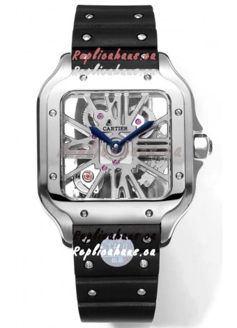 Santos De Cartier Watch in Skeleton Dial - Stainless Steel Casing & Bezel Black Rubber Strap