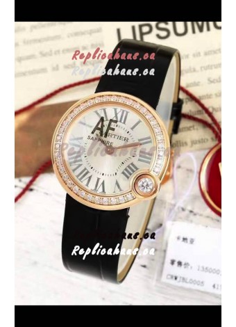 Ballon Blanc De Cartier Swiss Quartz Replica Watch Diamonds Bezel Rose Gold Casing Leather Strap 