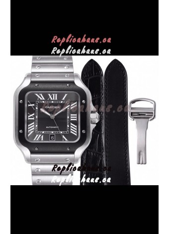 Cartier "Santos De Cartier" Mens XL 1:1 Mirror Replica Watch in Stainless Steel Casing - Black Bezel