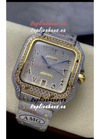 Cartier "Santos De Cartier" 904L Steel Diamonds Gold Arabic Dial 1:1 Mirror Replica - 40MM - Genuine Diamonds