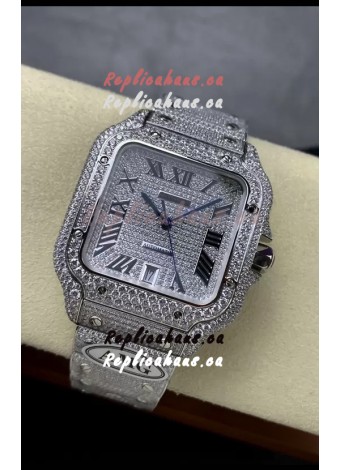 Cartier "Santos De Cartier" 904L Steel Diamonds Roman Dial 1:1 Mirror Replica - 40MM - Genuine Diamonds