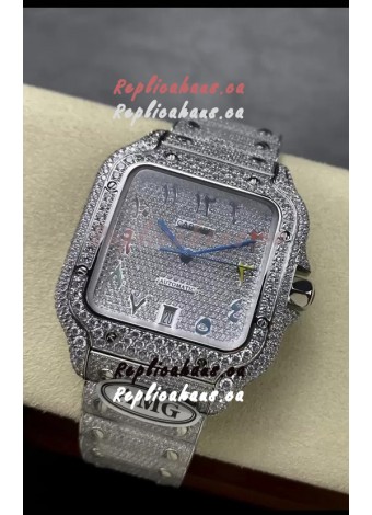 Cartier "Santos De Cartier" 904L Steel Diamonds Arabic Dial 1:1 Mirror Replica - 40MM - Genuine Diamonds