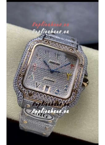 Cartier "Santos De Cartier" 904L Steel Diamonds Colored Arabic Dial 1:1 Mirror Replica - 40MM - Genuine Diamonds